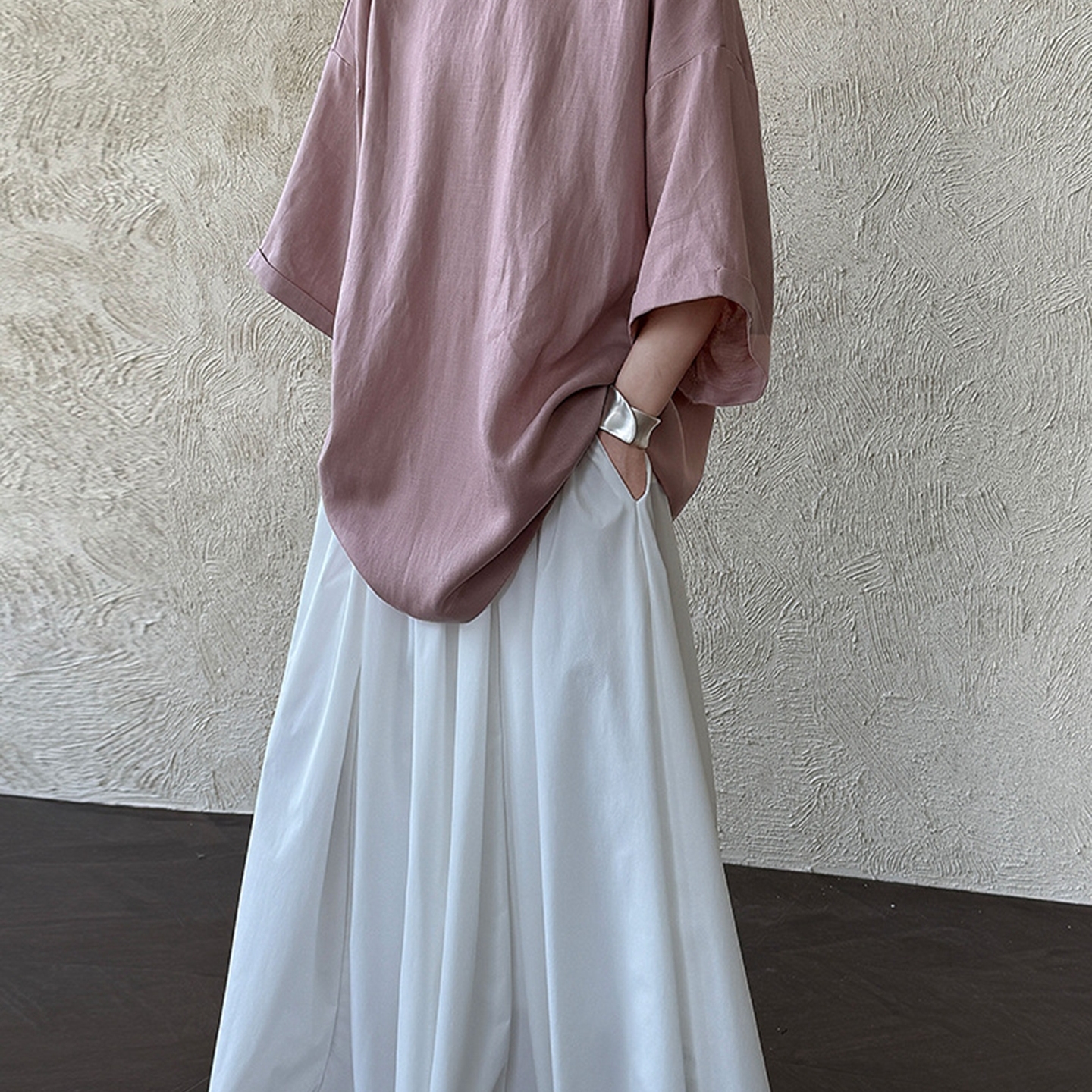 实拍！慵懒风简约宽松亚麻天丝圆领衬衫夏新后背绑带短袖上衣3656