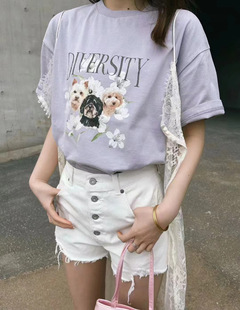 日系猫西周也明星夏季新品字母小狗印花短款宽松短袖T恤上衣女