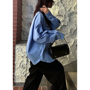 日系26春夏新品复古纯色拼接廓形衬衫宽松显瘦棉质灯笼袖衬衣女