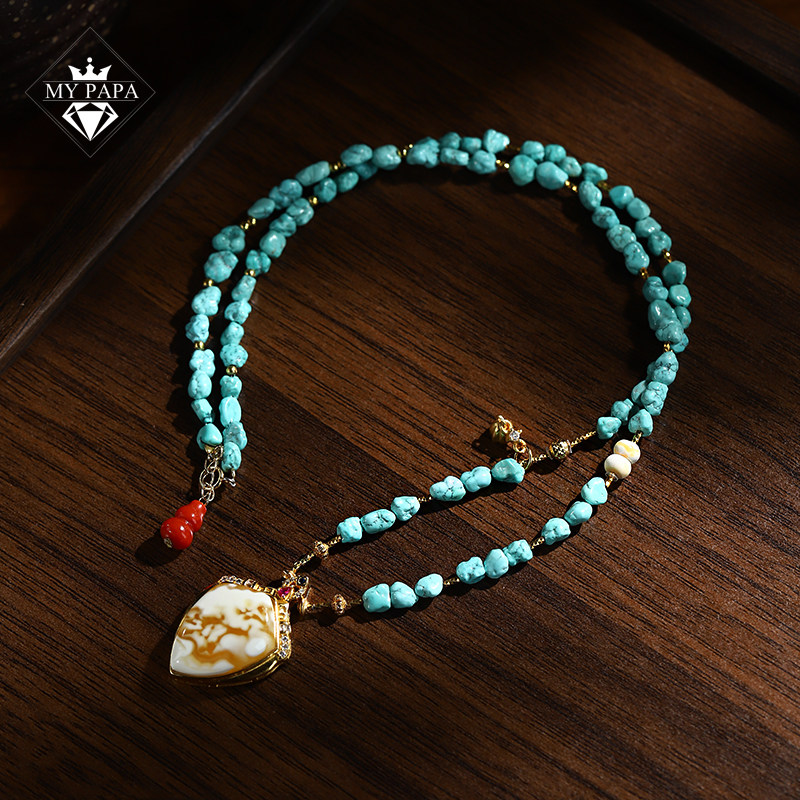 MYPAPA琥珀蜜蜡系列毕业级白花蜜S925银镀金绿松石项链女吊坠