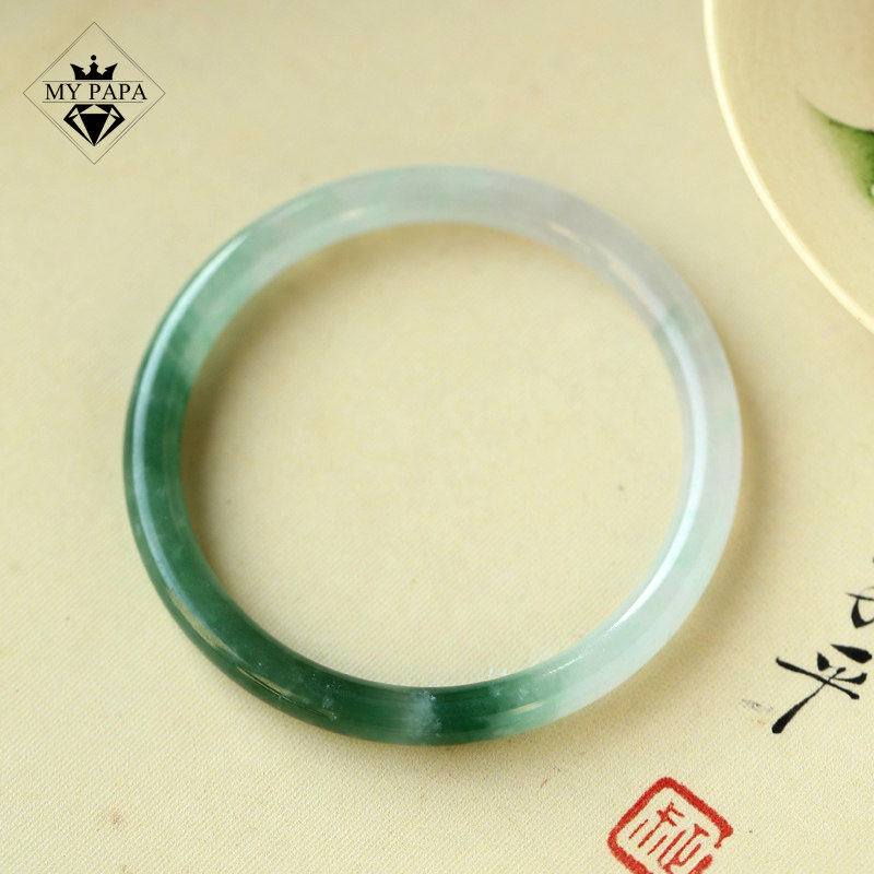 MYPAPA国风翡翠老坑高冰种飘雪花棉俏色翡翠细圆条手镯内径54.3MM