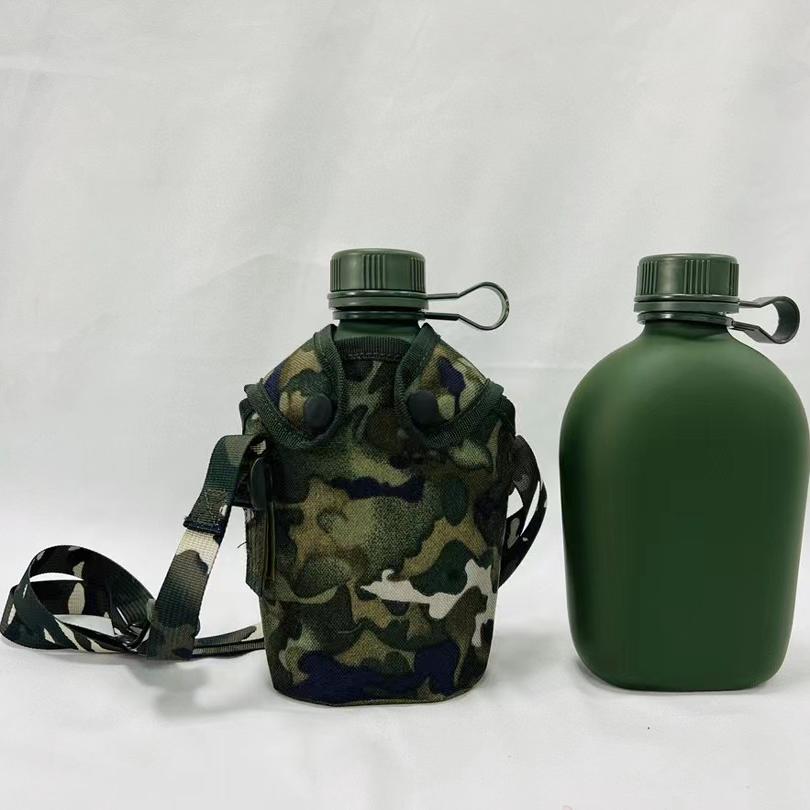新款外贸德斑迷彩便携单肩水壶登山野营铝制1L挎带壶野外训练水壶