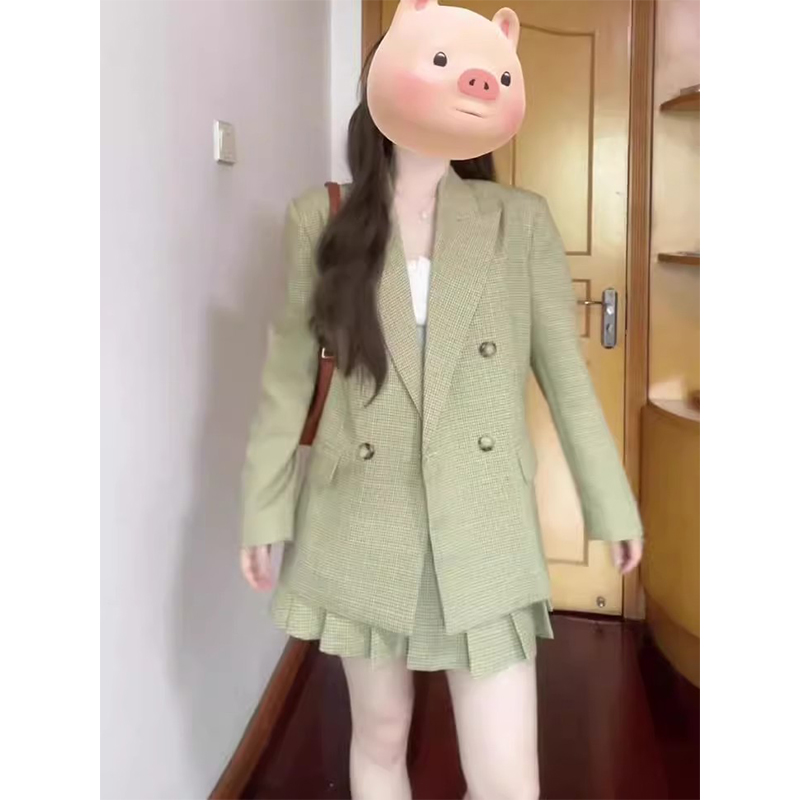 大方得体穿搭一整套绿格纹长袖西装外套女秋季百搭半身短裙两件套