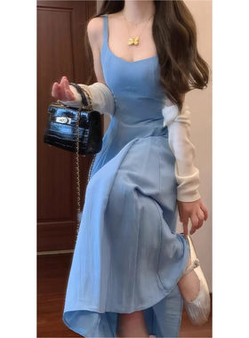 法式蓝色吊带连衣裙海边度假风显瘦收腰a字长裙子女外搭防晒套装