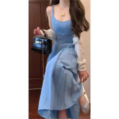 法式蓝色吊带连衣裙海边度假风显瘦收腰a字长裙子女外搭防晒套装