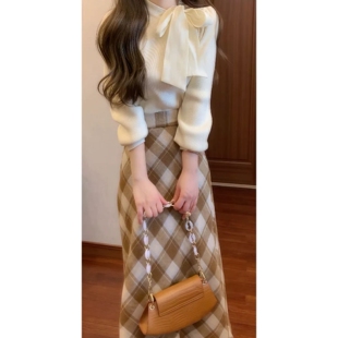 一整套初冬穿搭韩系慵懒风法式毛衣格纹半身裙洋气欧货潮时髦套装