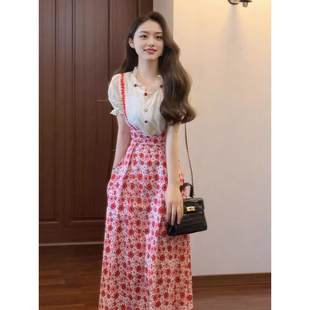 玫瑰花设计感衬衫 小清新可爱少女感甜美套装 搭配碎花背带裙两件套