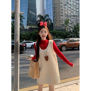 慵懒风甜美套装长袖圆领T恤女装秋季款宽松显瘦背心连衣裙两件套