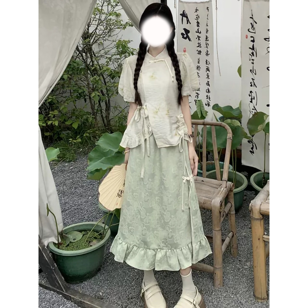 今年流行漂亮套装裙新中式国风禅意短袖上衣半身裙奶系穿搭两件套