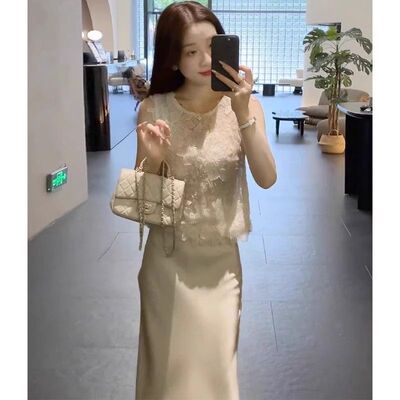 小众漂亮名媛套装女夏季氛围感无袖背心蕾丝拼接上衣半身裙两件套