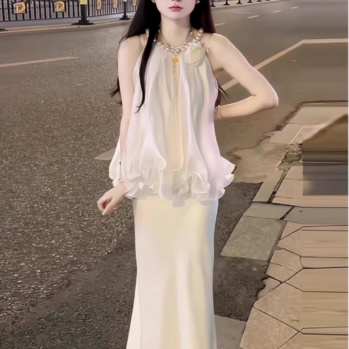韩系高级感2025夏季新款无袖修身挂脖吊带上衣女半身鱼尾裙套装
