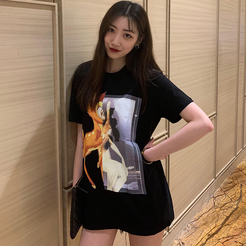 限1000张券夏季新款欧美潮牌卡通小鹿斑比印花短袖女情侣装下衣失踪宽松T恤