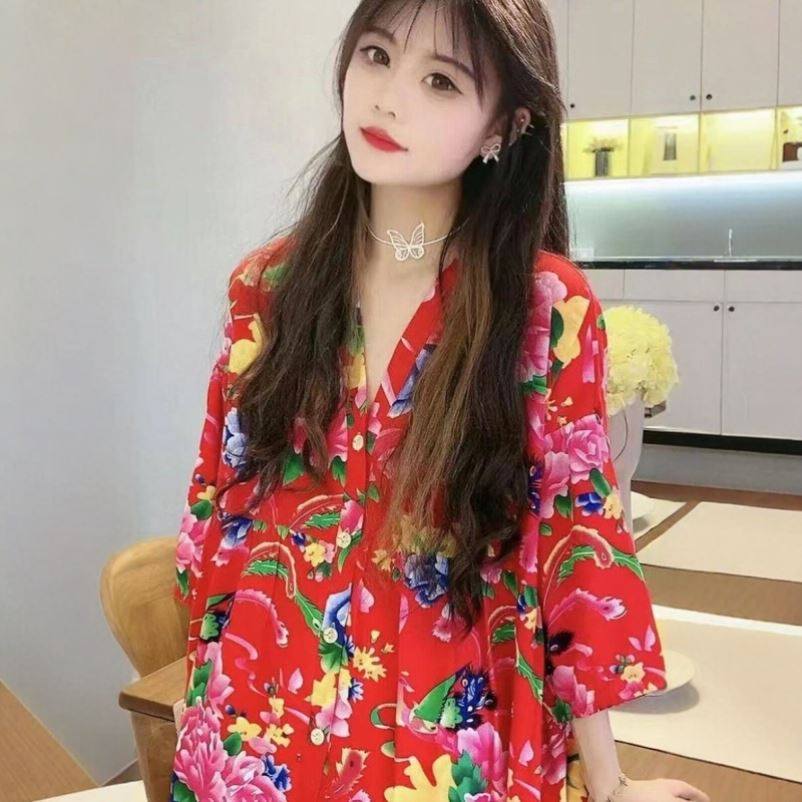 棉绸东北大花布衣服睡衣套装女夏网红家居大码春秋冬新款国风v领