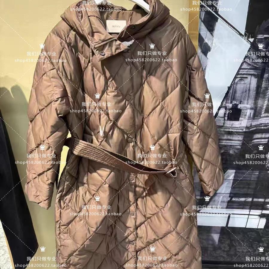 欧家专柜2024秋冬新菱格连帽长羽绒外套女腰带1LC4339080-9Z-1890