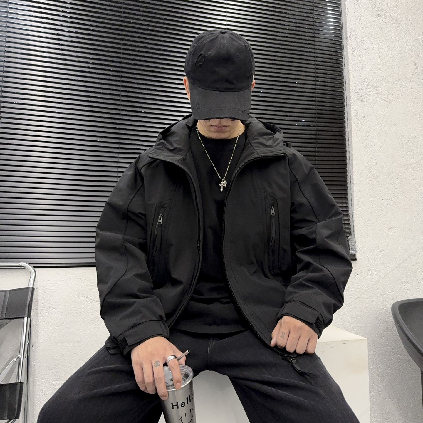 冬款高街风炸街外套男个性立体剪裁多口袋连帽设计百搭潮流薄棉衣