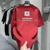 红色vintage风短袖 男个性 前后贴布胶印设计宽松圆领版 冬季 型T恤衫