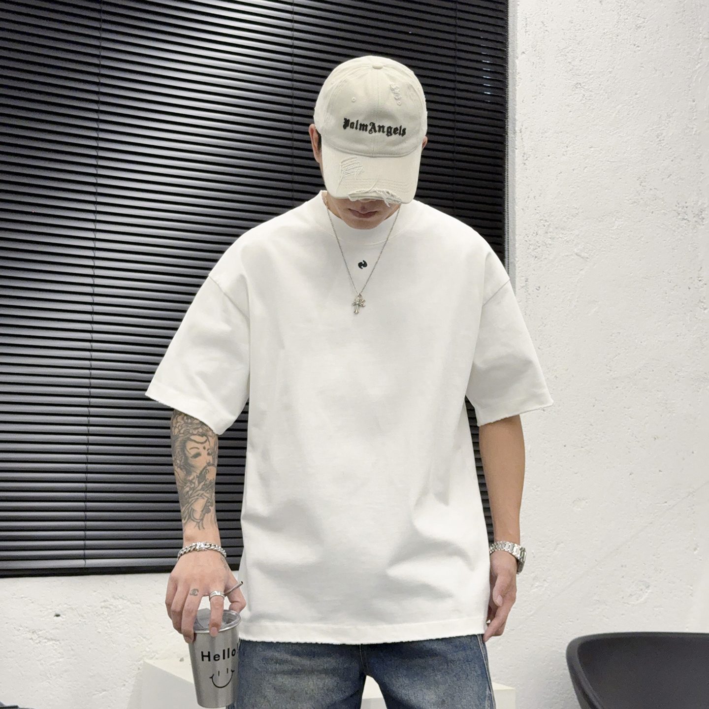 秋款重磅圆领个性磨口做旧短袖