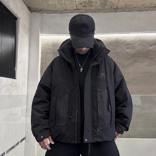 撞色拼接立体剪裁显瘦宽松版 口袋羽绒服男个性 型连帽上衣 工装 冬季