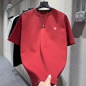 马字刺绣设计圆领宽松T恤衫 冬季 男个性 红色新年款 新款 氛围感短袖