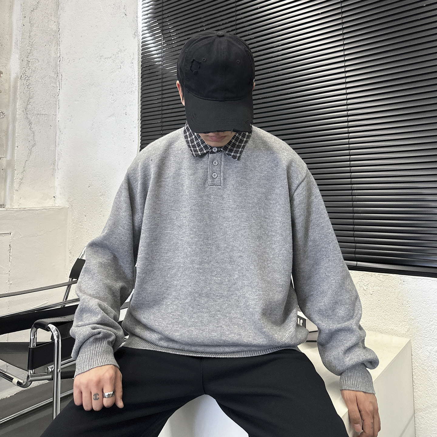 冬季新款百搭拼接格子领时尚毛衣