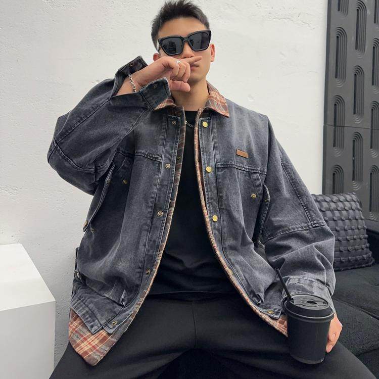 潮牌拼接牛仔服男士流行个性假两件格子上衣青年春季新款夹克外套,男装,牛仔外套,淘宝优惠券,粉丝福利购,淘宝优惠卷