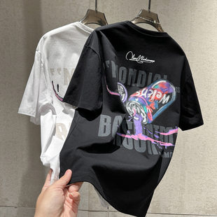 春季潮流大师设计短袖男个性刺绣小标后背大面积涂鸦印花圆领T恤