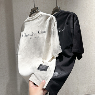 扎染短袖 个性 新款 字母印花宽松版 型贴标设计圆领T恤衫 男时尚 夏季