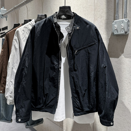 早春新款格子拼接立领设计夹克