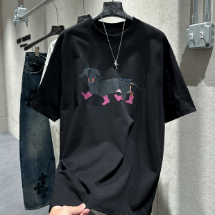 创意小狗印花撞色设计廓形圆领T恤衫 早春潮流大师设计短袖 男个性