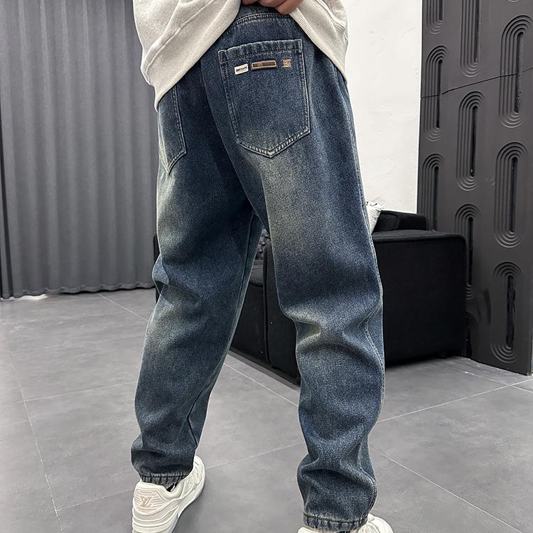 加绒蓝色宽松牛仔裤子