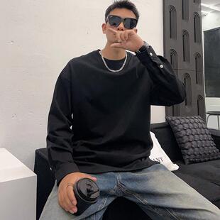 新款 净版 青年春季 流行圆领底摆开衩纯色长袖 休闲上衣 休闲卫衣男士