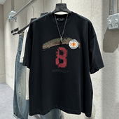 潮流廓形圆领短袖 男个性 贴布印花刮破设计宽松版 早春新款 型T恤衫