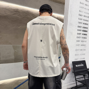 薄款 T恤衫 潮男上衣胸前字母刺绣个性 高街风潮流无袖 胶印砍袖 夏季