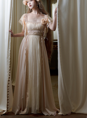 现货【缪斯之名】QUEENSWORDS帝政连衣裙天丝复古缎面飘逸刺绣