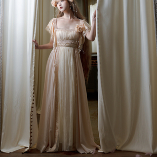 现货【缪斯之名】QUEENSWORDS帝政连衣裙天丝复古缎面飘逸刺绣