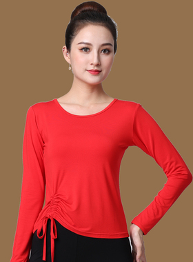 莫代尔舞蹈长袖跳舞衣服中老年蓝色抽绳广场舞上衣团体表演出服装