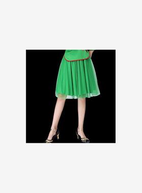 春夏季广场舞蹈裙红色网纱裙子百褶裙55白色60厘米中老年跳舞裙秋