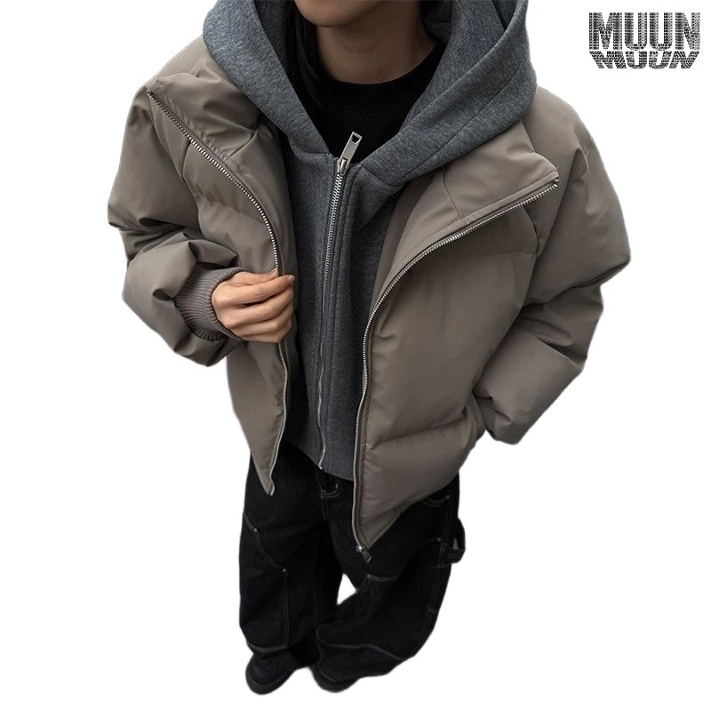 MUUN假两件PU皮棉服男款冬季cleanfit感短款夹克棉衣加厚外套男女