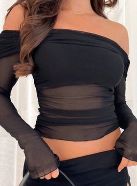 Fashionable slim fit mesh tranparent top时尚修身网纱透视上衣