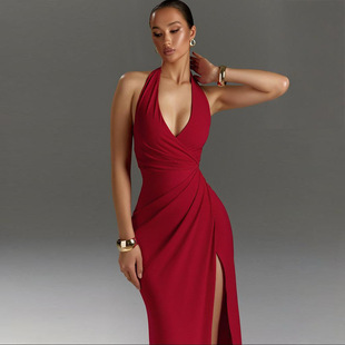 V-neck halter top high slit dress吊带修身v领挂脖高开叉连衣裙