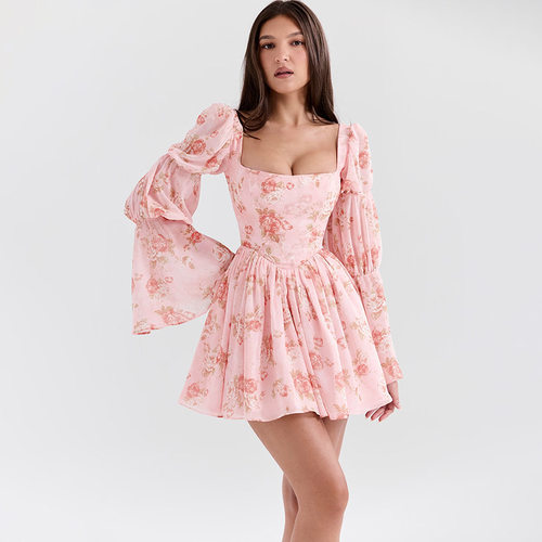 Rose print long sleeved A-list dress 玫瑰印花长袖A摆连衣裙女