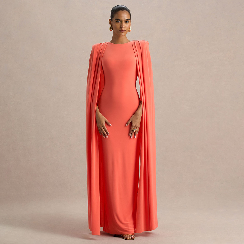 Round neck pleated shawl slim fit dress 圆领压褶修身连衣裙