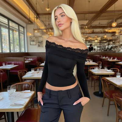 Lace long sleeved one shoulder top 蕾丝长袖一字肩上衣