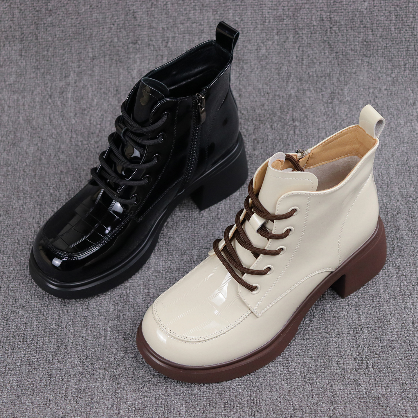 冬季新款舒适加绒保暖漆皮马丁靴