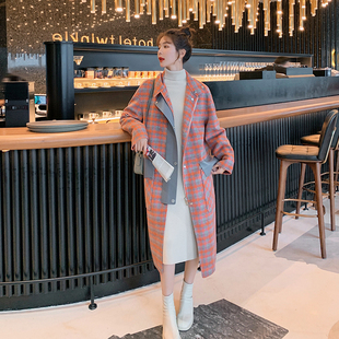 P165 2602 K238 大衣女2B235 格纹毛呢复古气质拼色领中长款