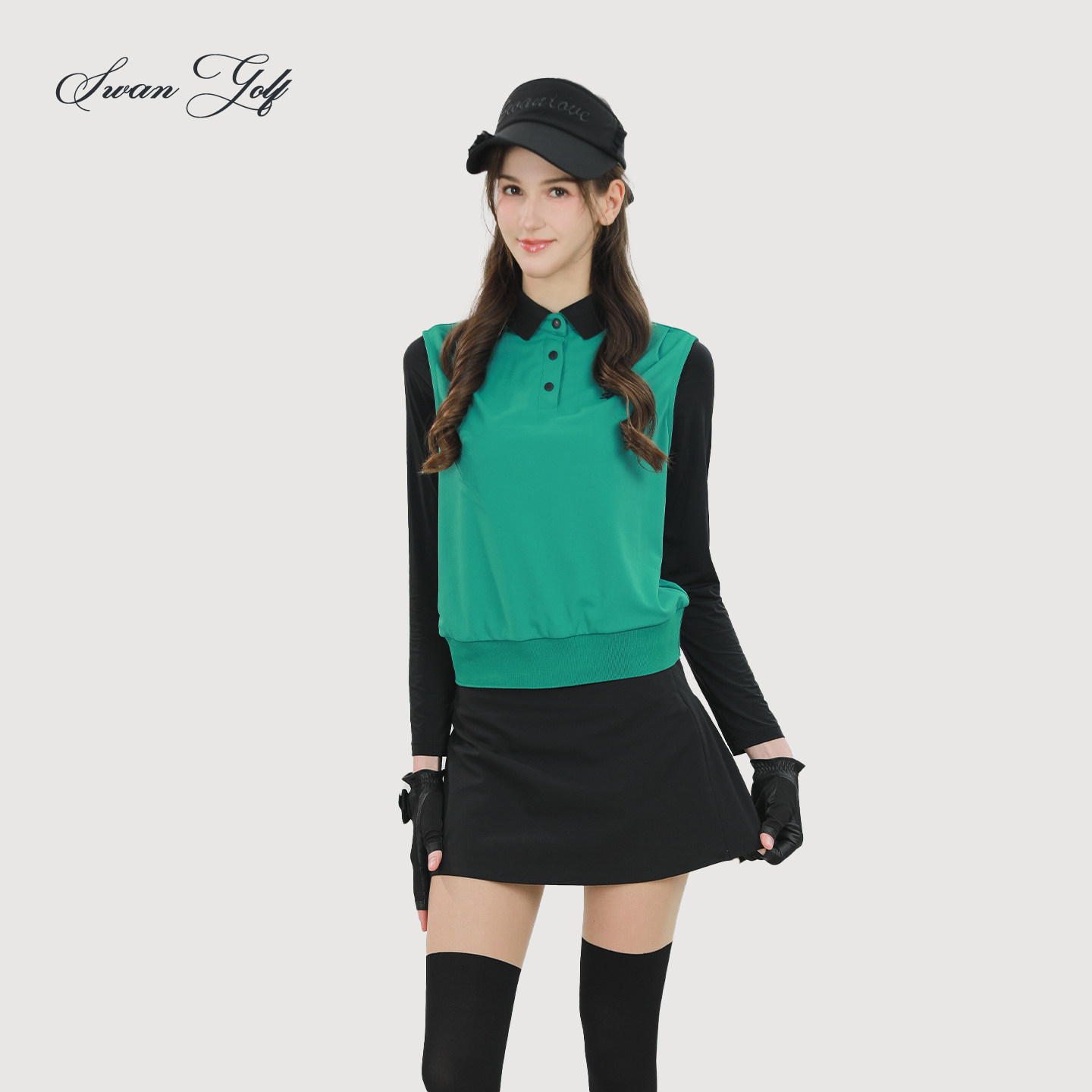SG春夏高尔夫女装冰丝假两件长袖polo翻领运动上衣百褶裙长裤套装