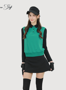 SG春夏高尔夫女装冰丝假两件长袖polo翻领运动上衣百褶裙长裤套装