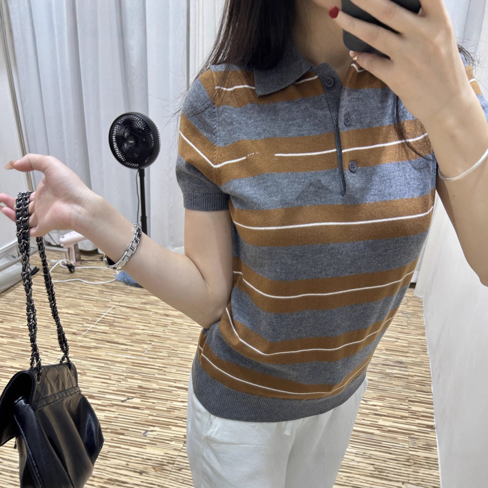 南油2025夏季新款南油m短袖慵懒字母徽标点缀条纹polo针织短袖