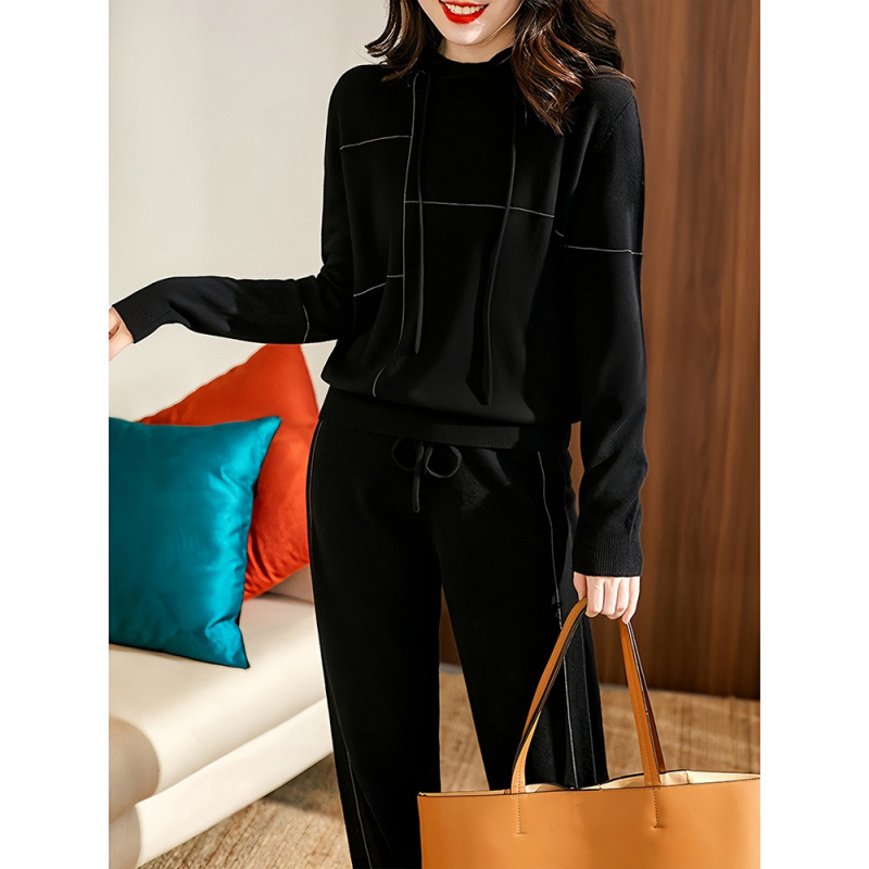 6850运动风显瘦针织套装秋季新款珠链拼接连帽上衣阔腿裤两件套女