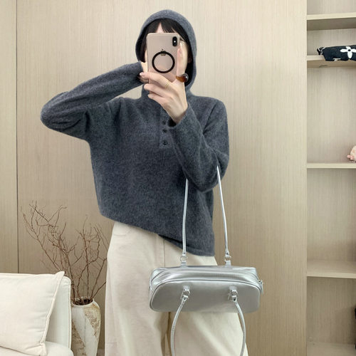2025秋冬新款连帽套头毛衣女士慵懒风高级感拉毛针织衫上衣含羊绒